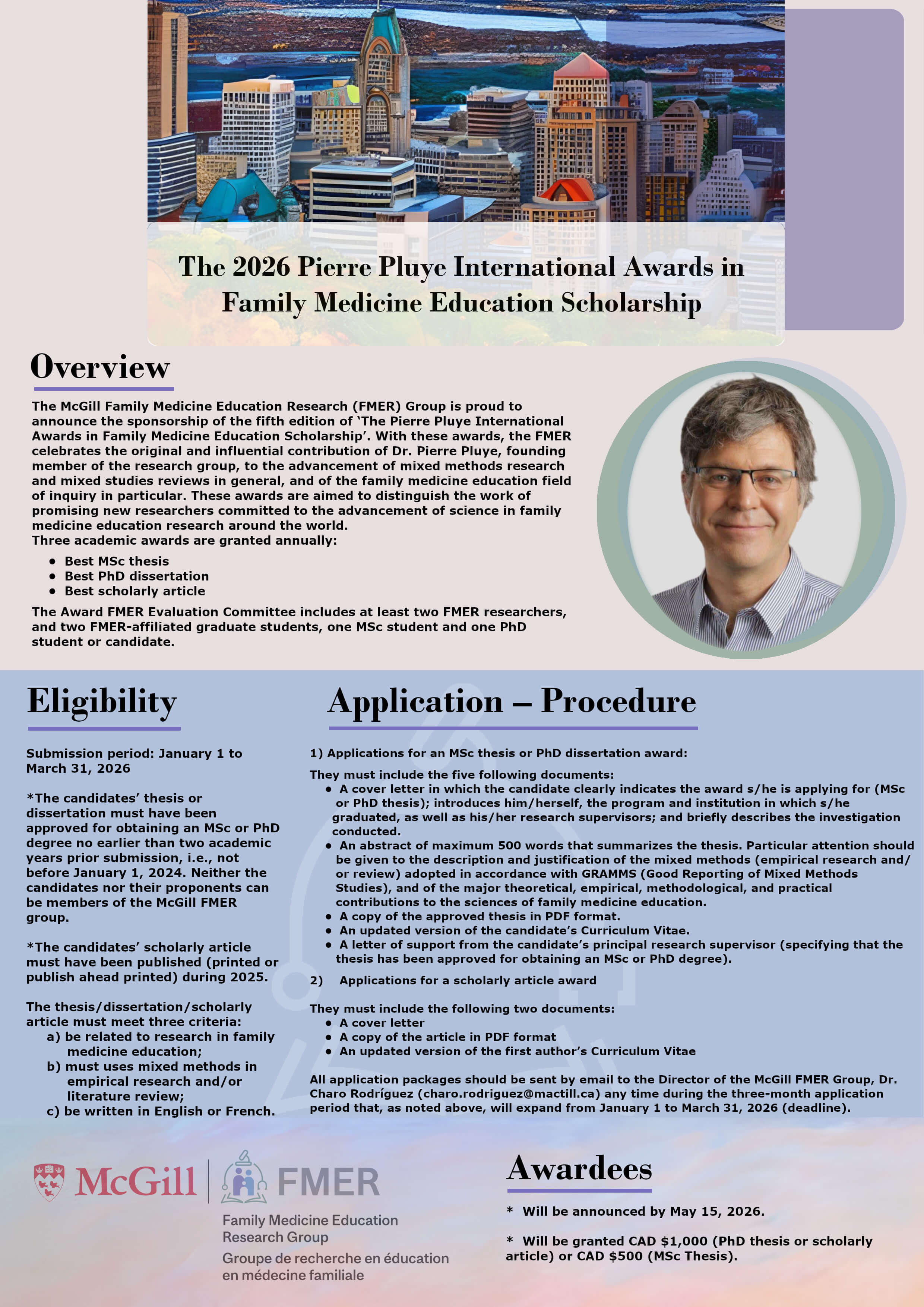 Call for applications for the 2026 Pierre Pluye International Awards in Family Medicine Education Scholarship